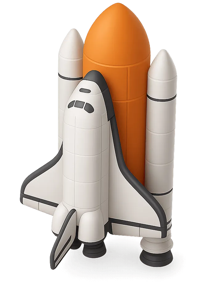 Небольшой оранжево-белый космический челнок, расположенный на нейтральном фоне, демонстрирует свой элегантный дизайн.