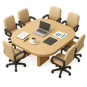 Интерьер небольшого дома с компьютером на письменном столе, иллюстрирующий уютное рабочее пространство.